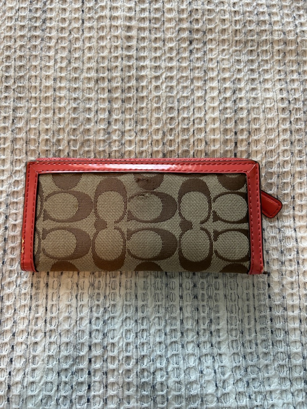 Coach Brown Signature Canvas Wallet with Coral Trim